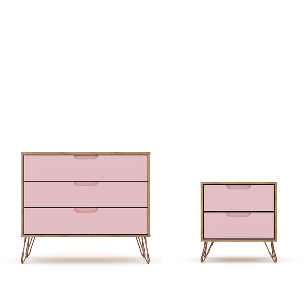Manhattan Comfort Rockefeller Dresser and Nightstand Set, Nature and Rose Pink 104GMC6
